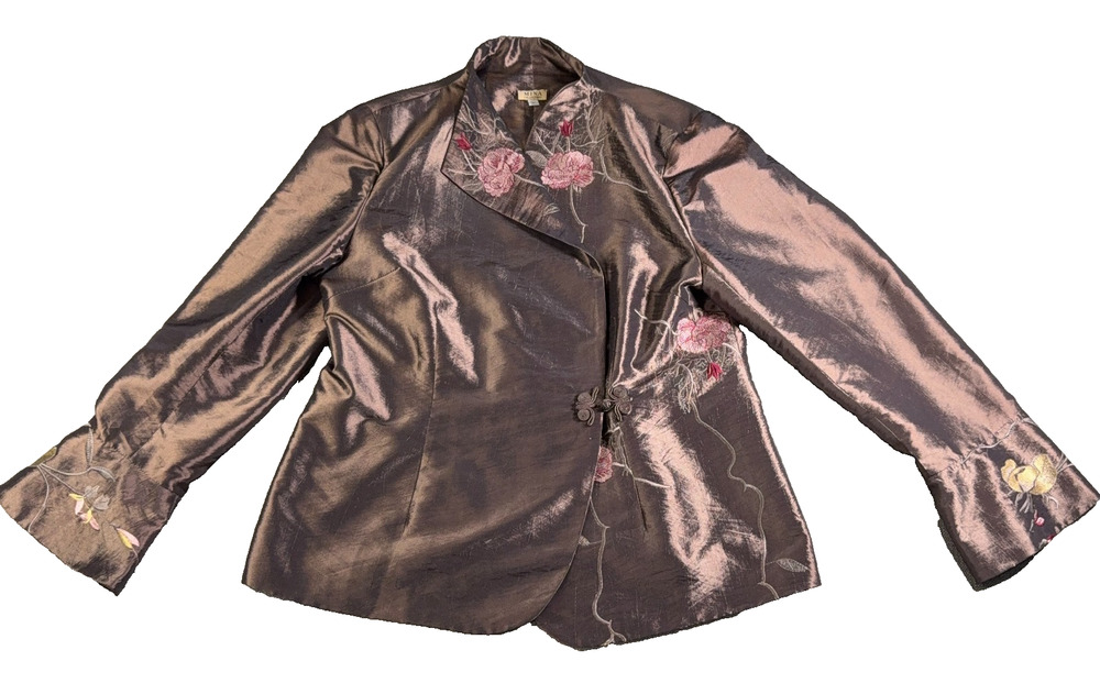 Mina Collections Womens L Embroidered Satin Jacket Floral Frog Closure Asian